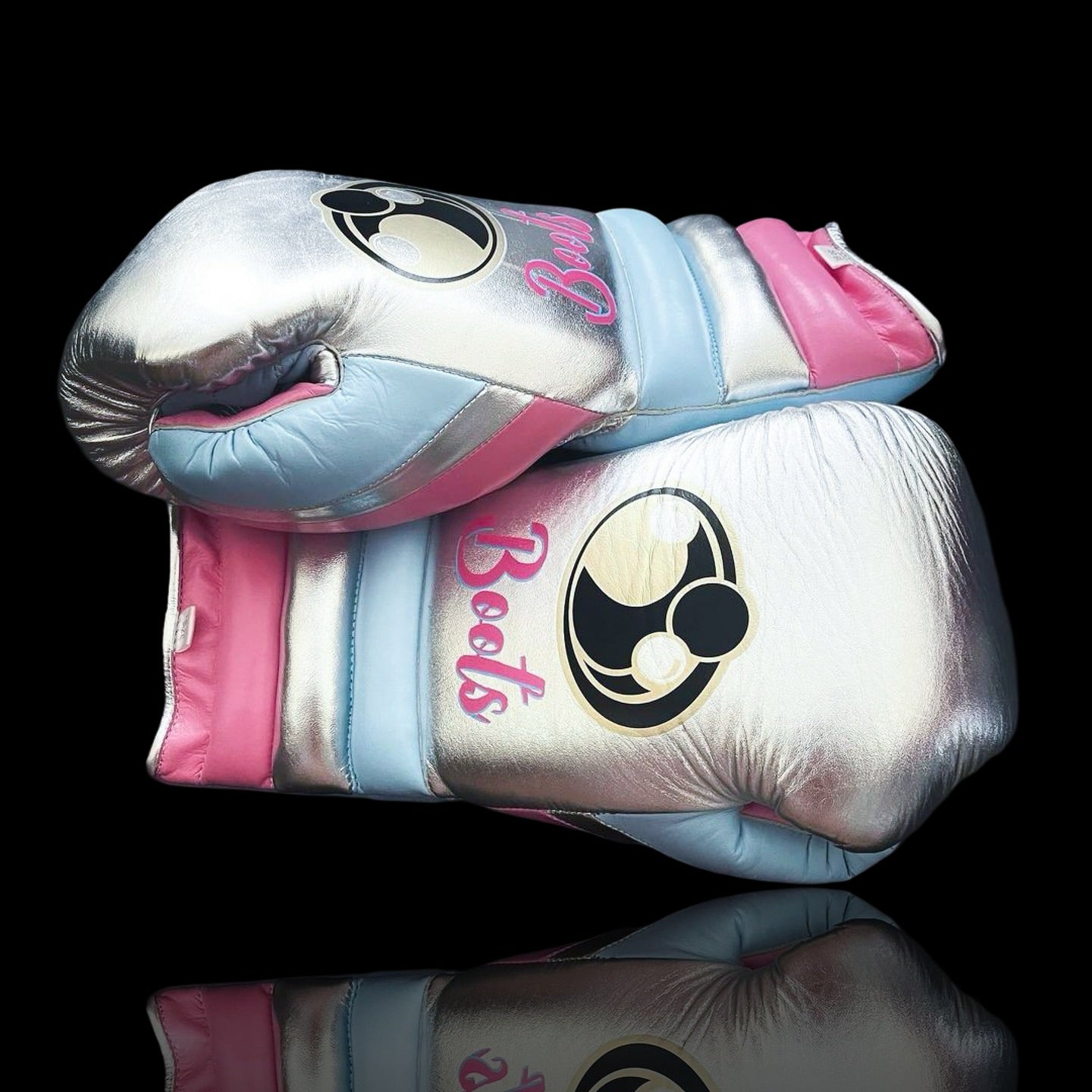 grant boxing gloves silver/blue/pink back and thumb view high quality lace up boxing gloves