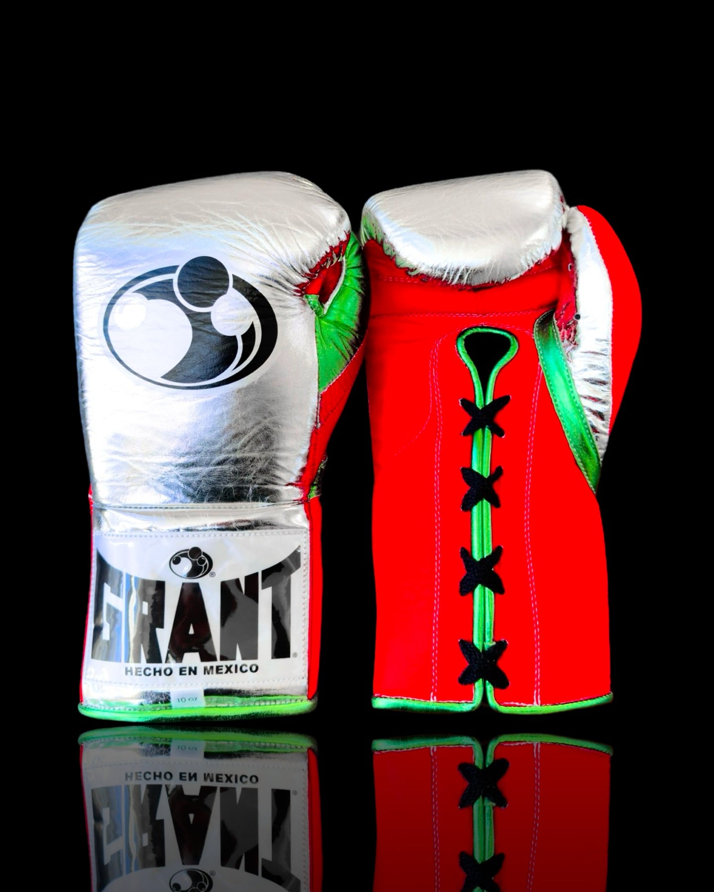 grant boxing gloves silver/red/green front view  professional sparring and training gear