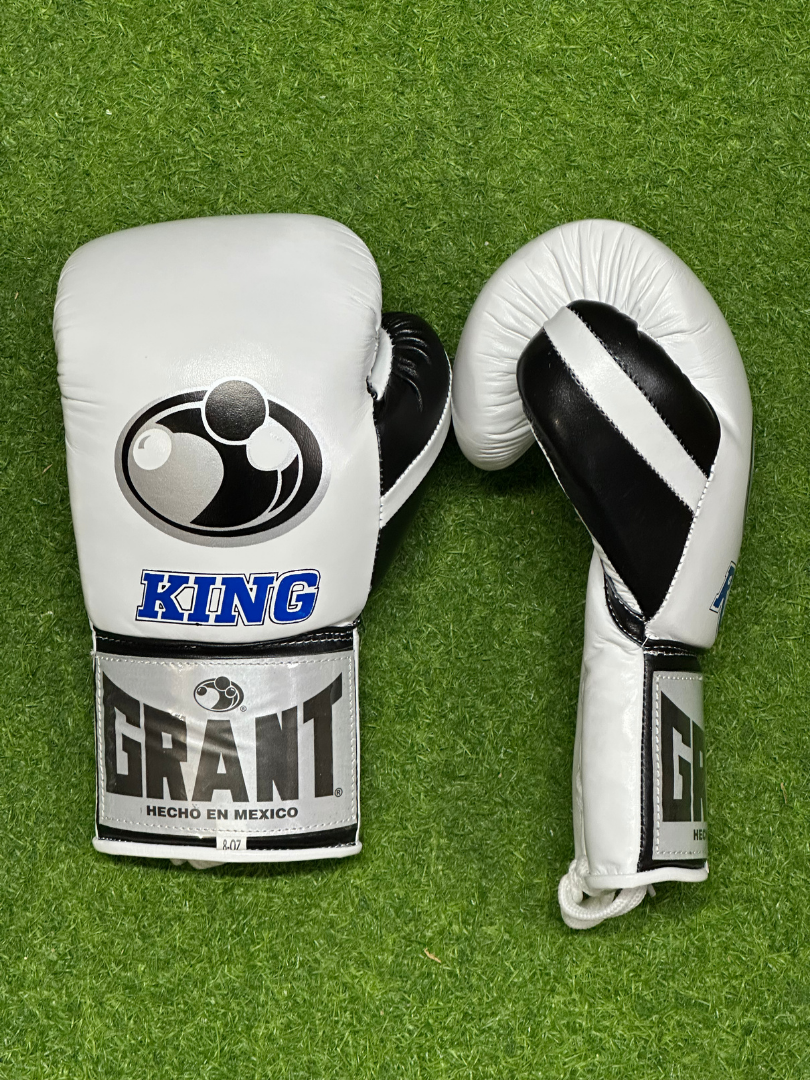 grant boxing gloves white-black back and thumb view  high quality lace up boxing gloves