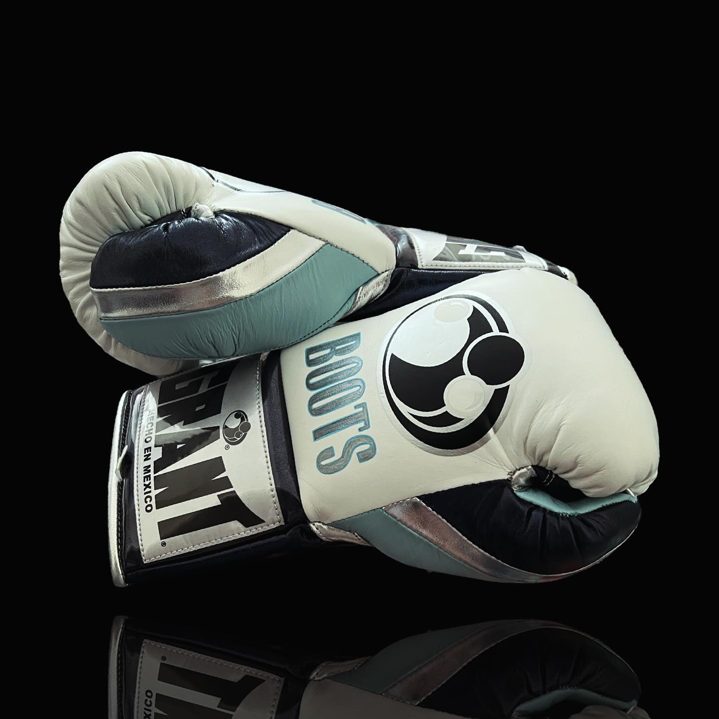 grant boxing gloves white-sea-green-blue back and thumb view premium leather professional training gloves