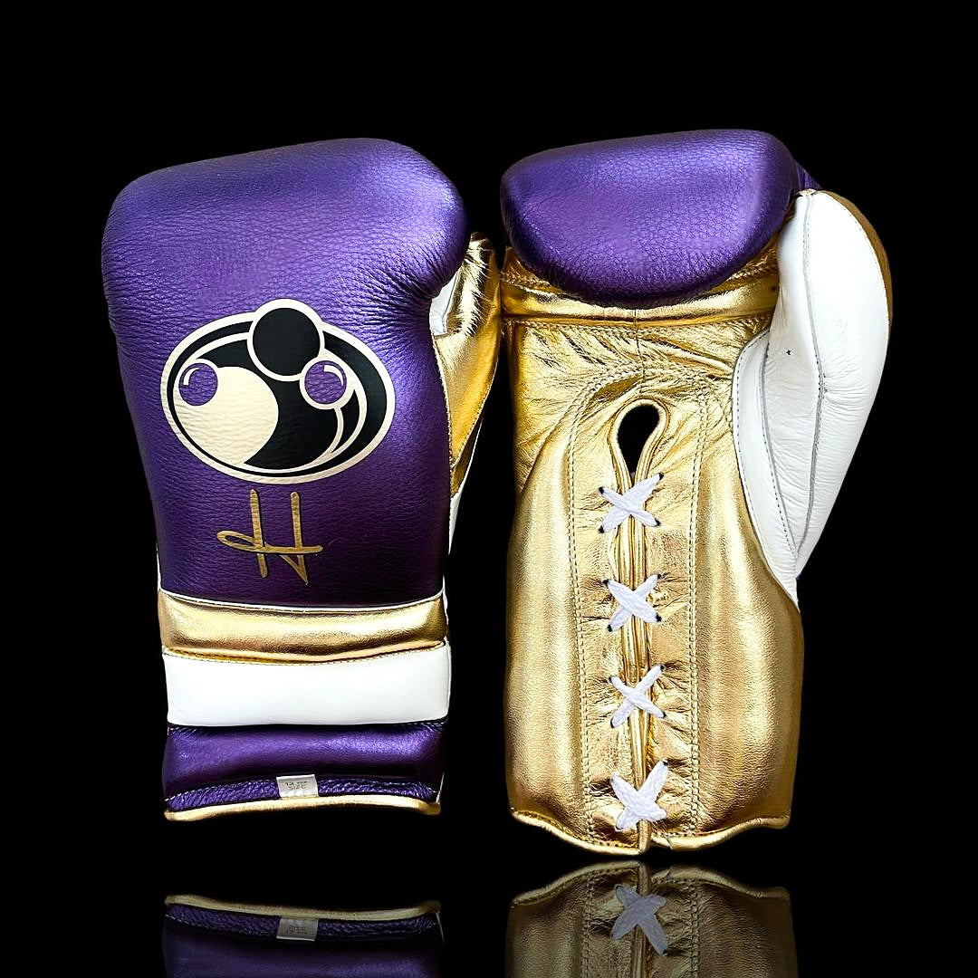 grant boxing gloves purple/gold/white front view custom name boxing training gloves