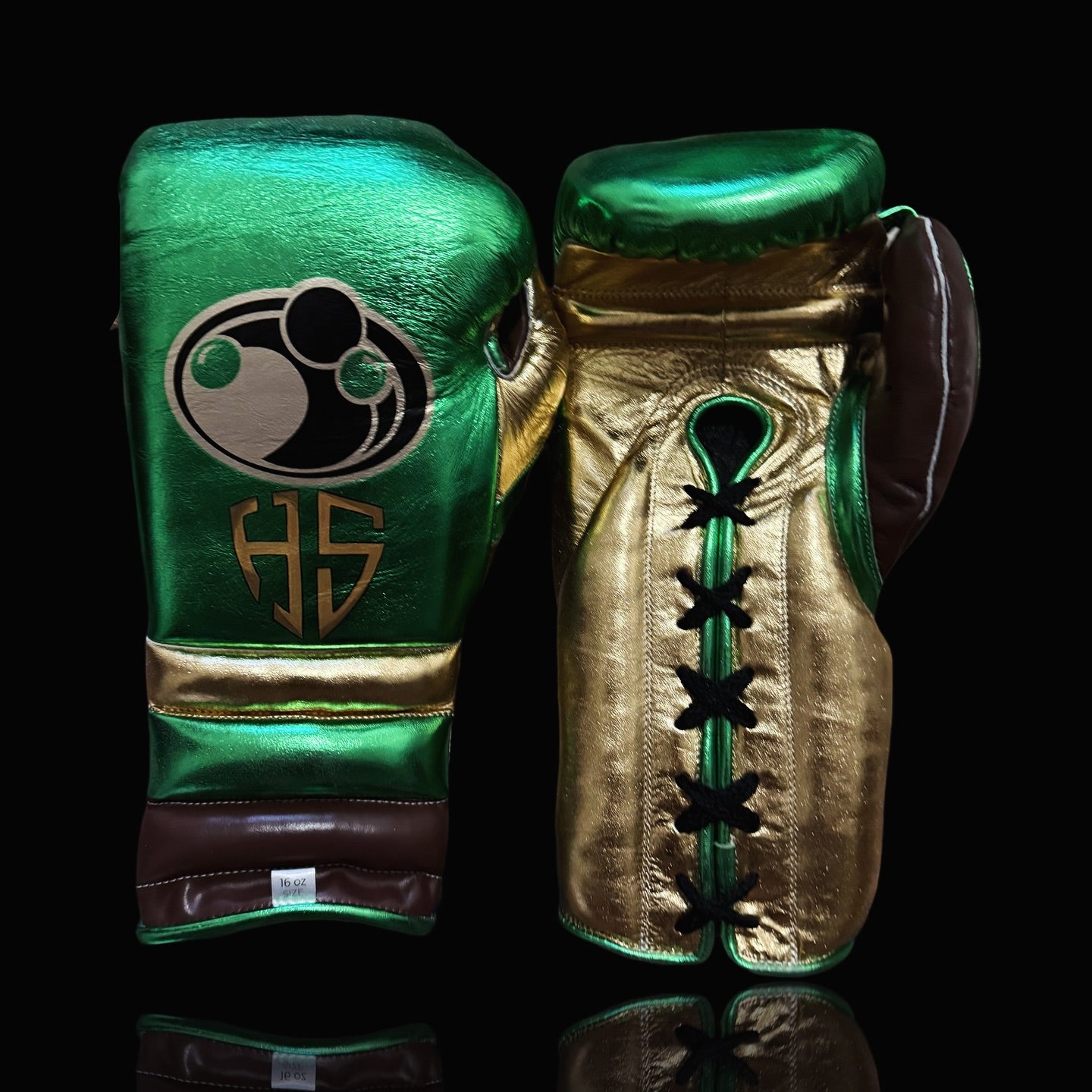 grant boxing gloves green/gold/brown front view high quality lace up boxing gloves