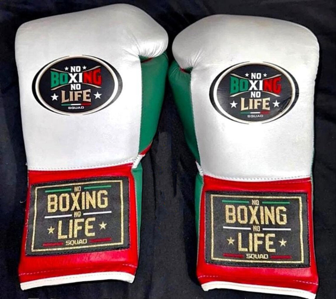 No Boxing No Life Boxing Gloves White/Red/Green Lace-Up Training