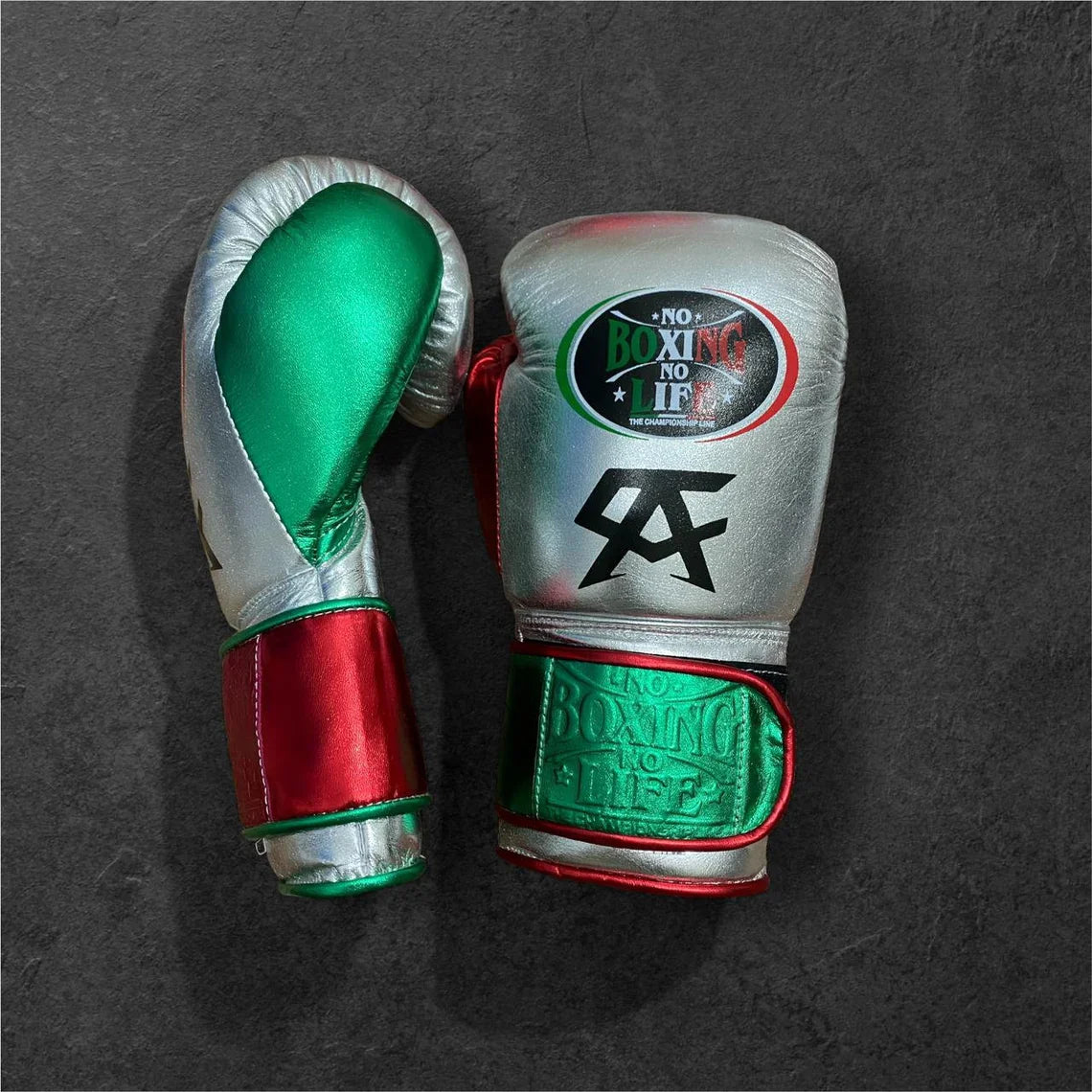 No Boxing No Life Boxing Gloves Silver/Green/Red Secure Fit Leather