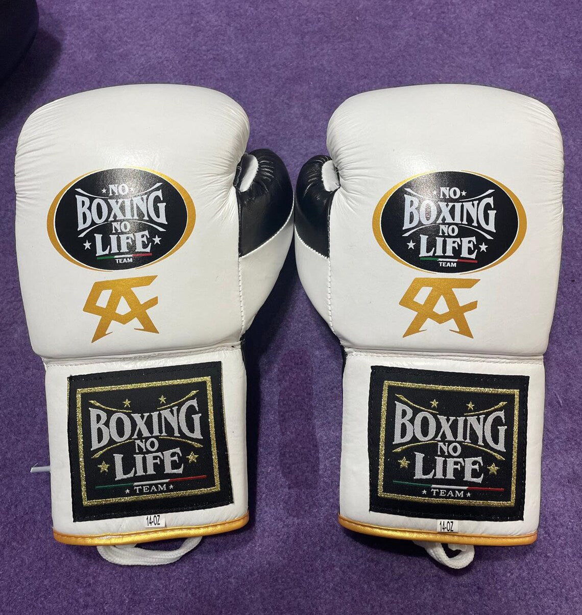 No Boxing No Life Boxing Gloves White/Gold/Black Lace-Up 16oz