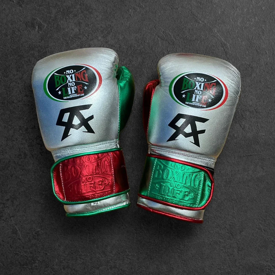 No Boxing No Life Boxing Gloves Silver/Green/Red Secure Fit Leather